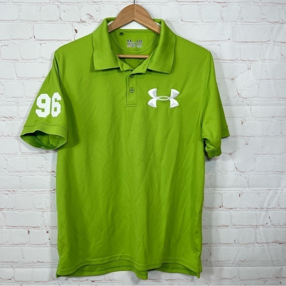 Under Armour Polo Shirt Mens Large Green Heatgear Short Sleeve Big Logo 96